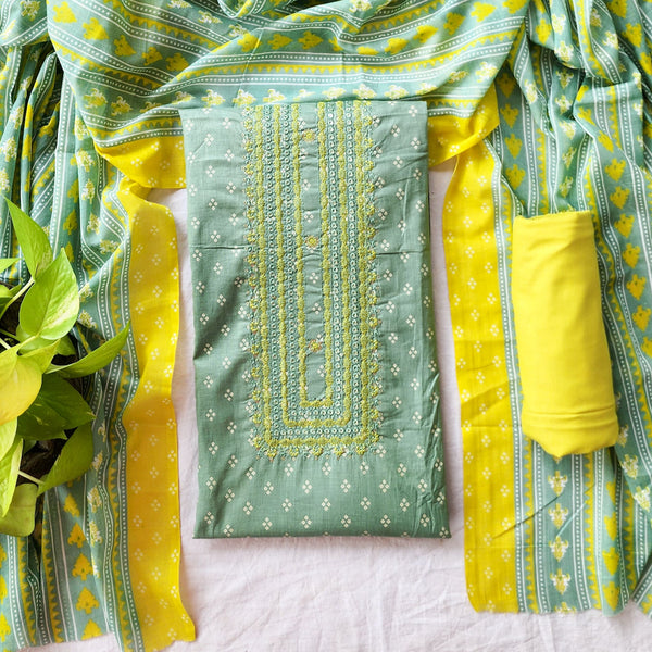 DIYA - Pure Cotton sea Green  with Embroieded nack Suit