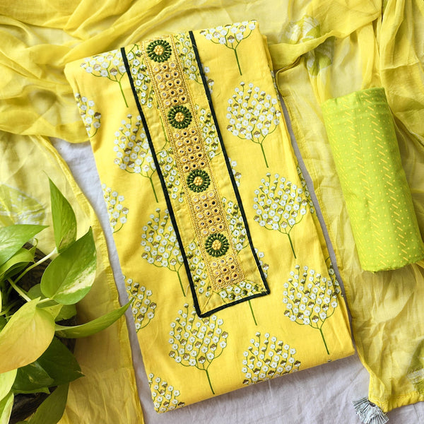 DIYA - Pure Cotton Yellow  with Embroieded nack Suit