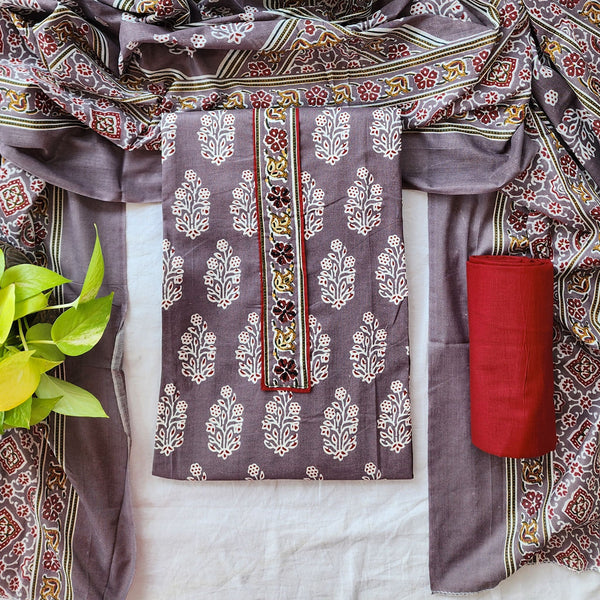 DIYA - Pure Cotton Brown With Red  Flower Lace nack Design