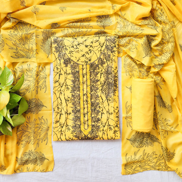 DIYA - Pure Cotton Yellow embroidery design nack Suit