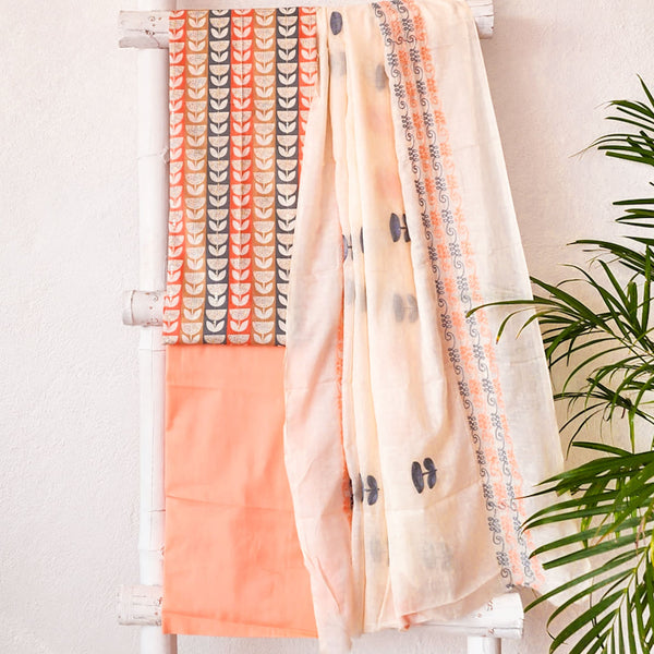 TARA - Sequence Work Peach With White  Cotton Suit