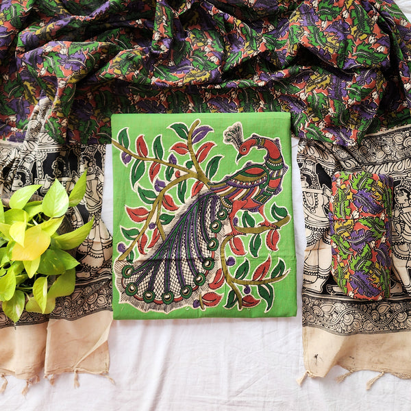 DIYA - Pure Cotton Kalamkari parrot green with beautiful bird design suit