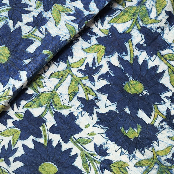 Pure Cotton Dabu Blueish White With Blue And Green Flower Creeper Hand Block Print Fabric