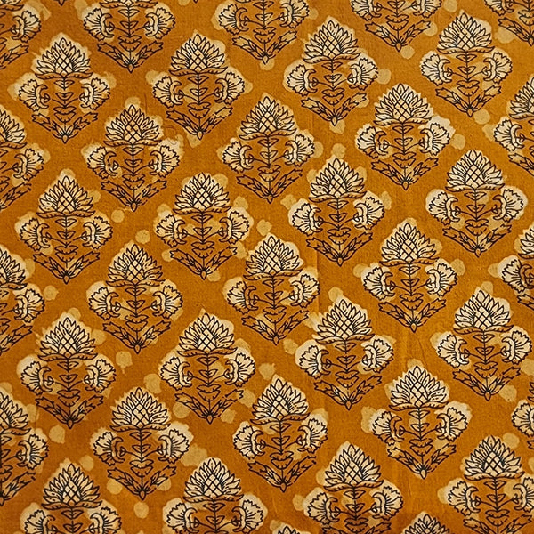 Pure Cotton Dabu Saffron Orange With Cream Flower Motif Hand Block Print Fabric