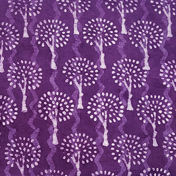 Pure Cotton Dabu Purple  With White Zig-Zag And Tree Motif Hand Block Print Fabric