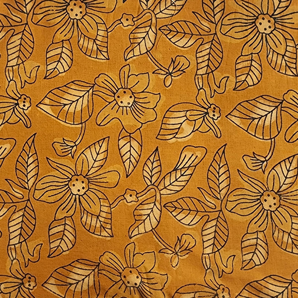 Pure Cotton Dabu Saffron Orange Big Flower With Leaves Hand Block Print Fabric