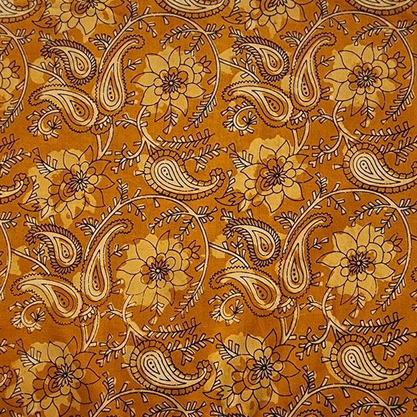 Pure Cotton Saffron Orange With Cream Kairi Flower Jaal Hand Block Print Fabric