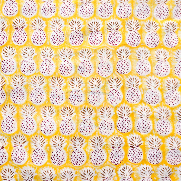 Pure Cotton Jaipuri Yellow With Pineapple Hand Block Print Fabric