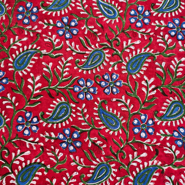 Pure Cotton Jaipuri  Red And Dark Blue Kairi And Flower Jaal Hand Block Print Fabric