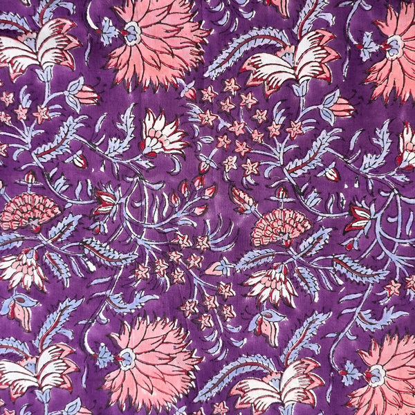 (Pre-Cut 1.10 Meter) Pure Cotton Jaipuri Purple With Light Pink Flower Jaal Hand Block Print Fabric