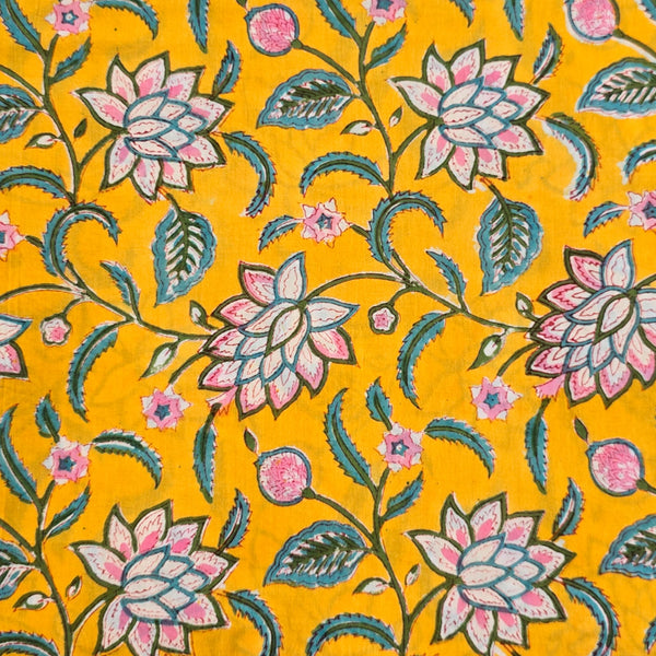 Pure Cotton Jaipuri Yellow With Blue Flower Jaal Hand Block Print Fabric