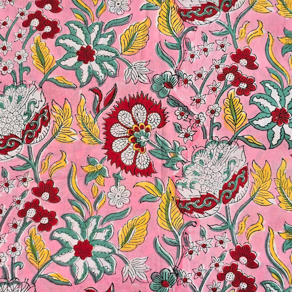 (Pre- Cut 1.90 Meter) Pure Cotton Jaipuri Pink With Red Flower Jaal Hand Block Print Fabric