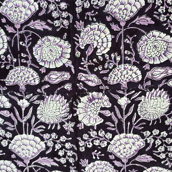 Pure Cotton Jaipuri Black With Purple Flower Jaal Hand Block Print Fabric