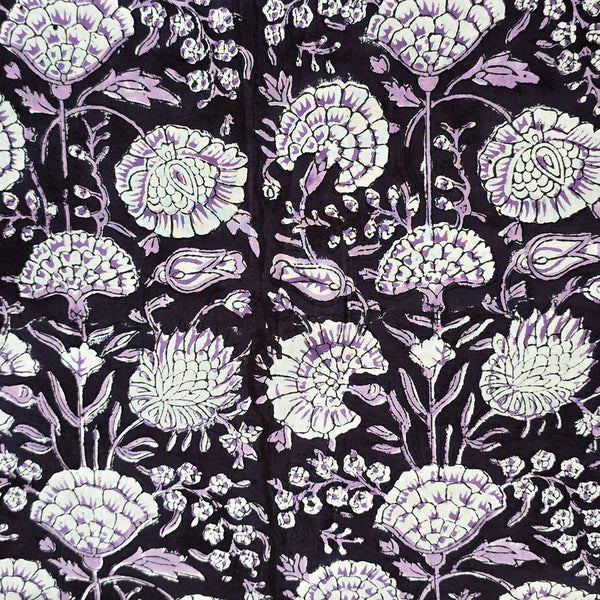 ( PRE-CUT 1.80 METER ) Pure Cotton Jaipuri Black With Purple Flower Jaal Hand Block Print Fabric