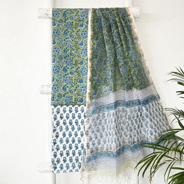 ROZANA - Pure Cotton Jaipuri Green With Blue Flower Jaal Suit