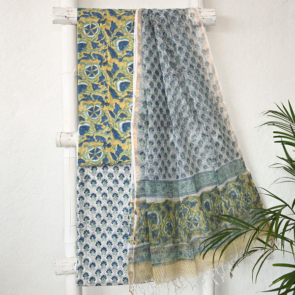 ROZANA - Pure Cotton Jaipuri Musterd With Blue  Flower Jaal Suit