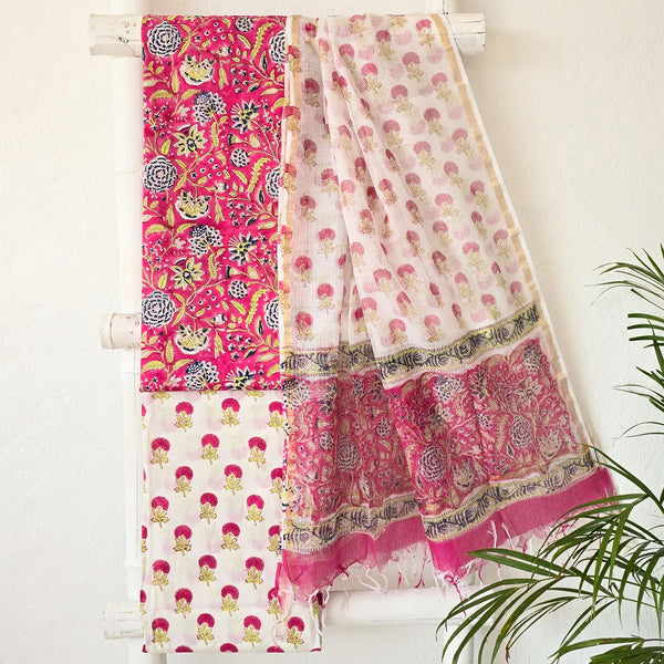 ROZANA - Pure Cotton Jaipuri Pink With White Flower Jaal Suit