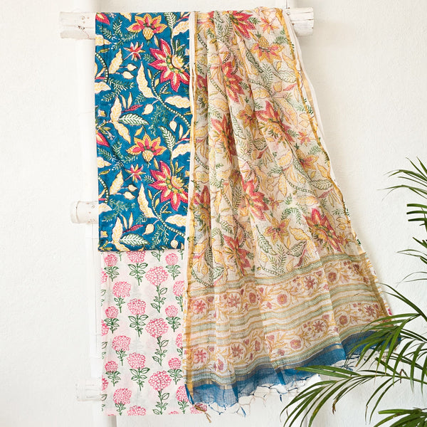 ROZANA - Pure Cotton Jaipuri Blue With Pink Flower Jaal  Suit