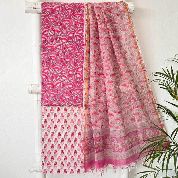 ROZANA - Pure Cotton Jaipuri Pink With White Flower Jaal Suit