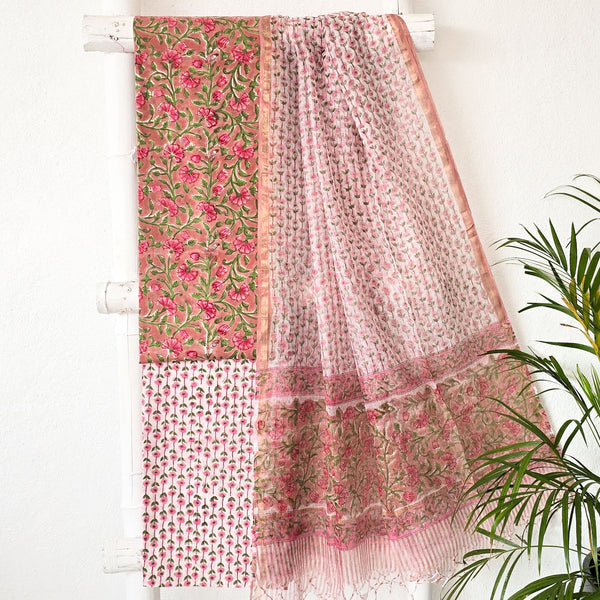 ROZANA - Pure Cotton Jaipuri Light Brown With Pink Flower Jaal Suit