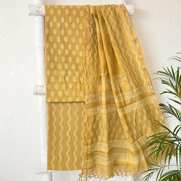 ROZANA - Pure Cotton Jaipuri Light Mustard With Cream  Flower Motif Suit