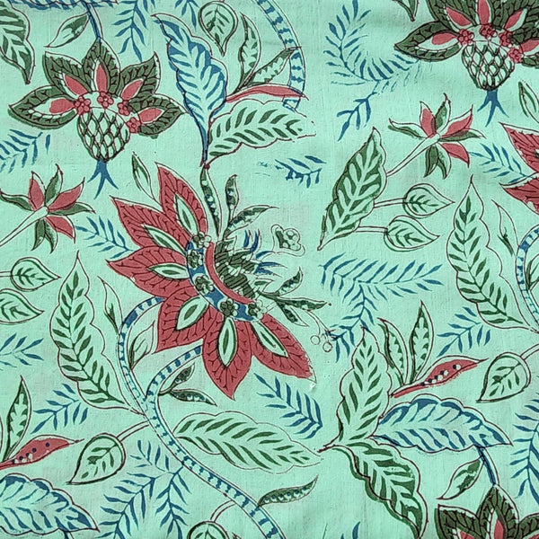 Pure Cottton Jaipuri Radium Green With Dark Peach Wild  Flower Jaal Hand Block Print Fabric