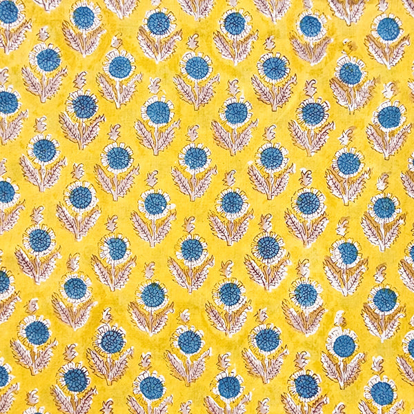 Pure Cotton Jaipuri Yellow With Blue Flower Motif Hand Block Print Fabric