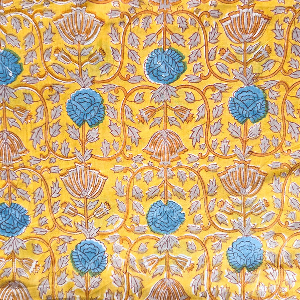 Pure Cotton Jaipuri Yellow With Blue Up And Down Motif Design Hand Block Print Fabric