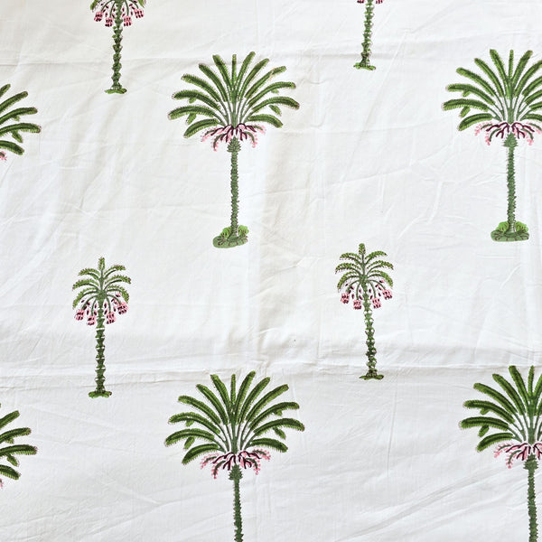 ( Pre-Cut 1.15 Meter )Pure Cotton Jaipuri White With Green And Pink Coconut Tree Hand Block Print Fabric