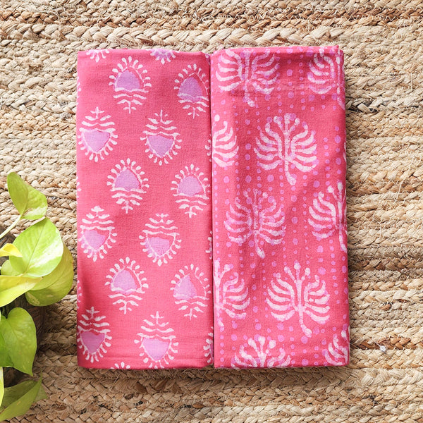 Top Bottom Combo Pure Cotton Dabu Pink With White Motif Design Hand Block Print Fabric  (2.5 Meters Each)