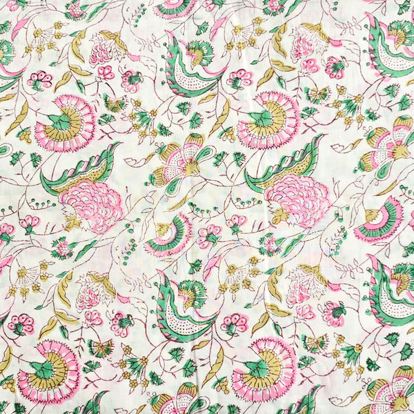 ( PRE-CUT 1.25 METER ) Pure Cotton Jaipuri White With Pink Flower Jaal Hand Block Print Fabric