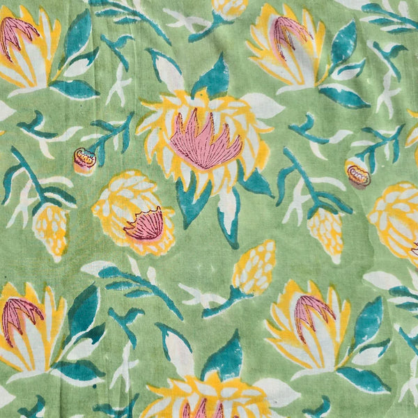 ( PRE-CUT 0.85 METER ) Pure Cotton Jaipuri Light Green With Yellow And Pink  Flower Hand Block Print Fabric