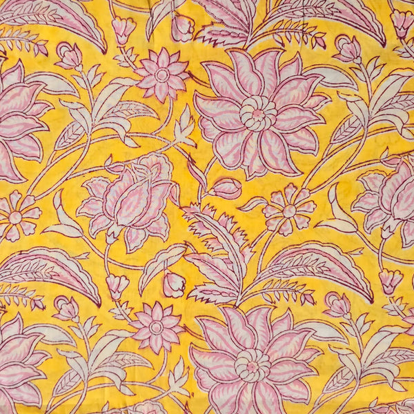 Pure Cotton Jaipuri Yellow With Pink Flower Jaal Hand Block Print Fabric