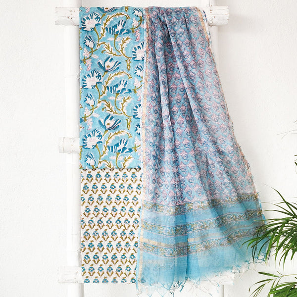 ROZANA-Pure Cotton Light Blue With White And White Flower Jaal Jaipuri Suit