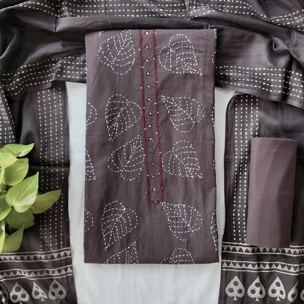 JEEVA-Pure Cotton Brown With White Leaves Embroidered Suit