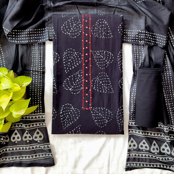 JEEVA-Pure Cotton Black With White Leaves Embroidered Suit