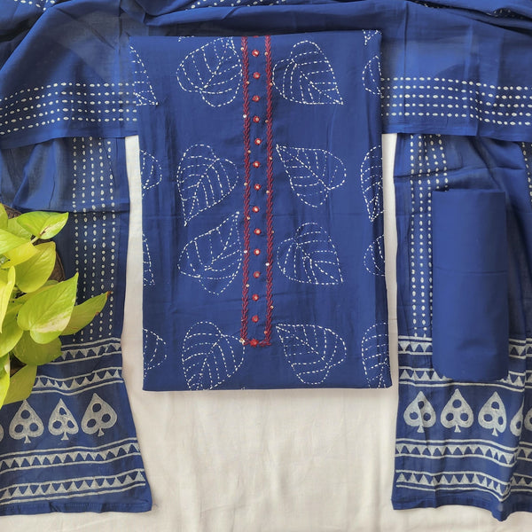 JEEVA-Pure Cotton Blue With White Leaves Embroidered Suit