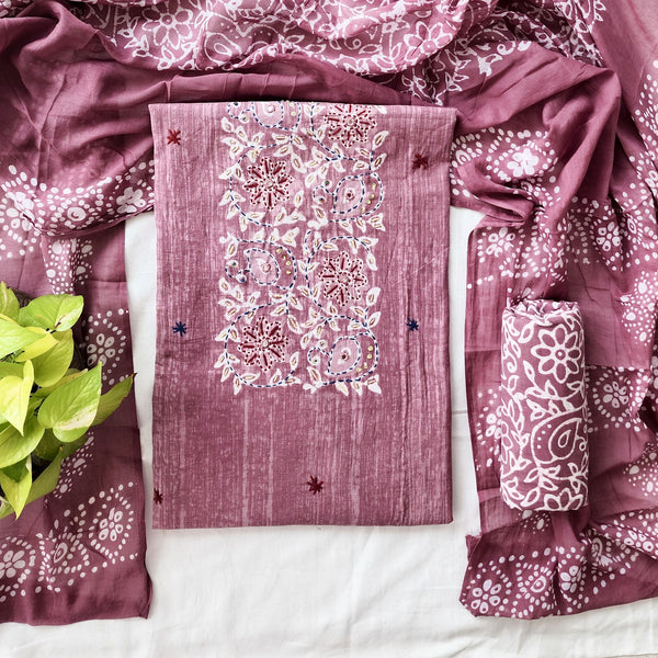 JEEVA-Pure Cotton Dabu Mauve With Embroidered Yoke Suit