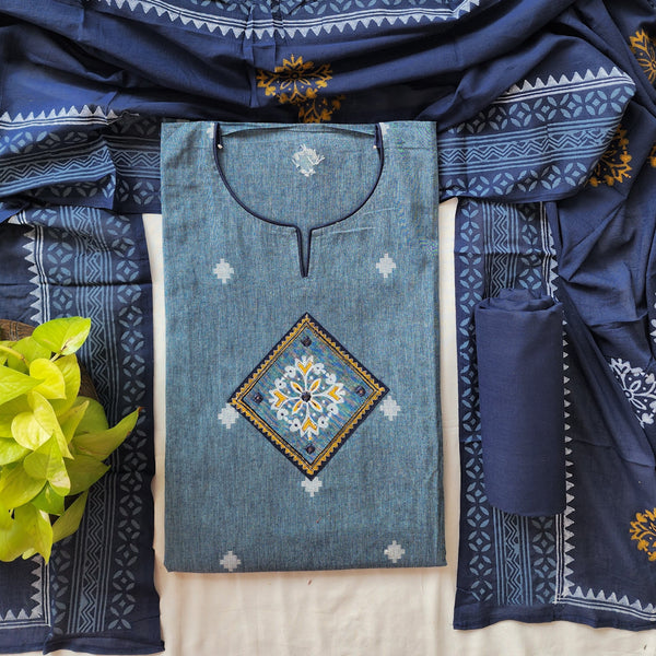 JEEVA-Pure Cotton Handloom Grey With Mustard And Navy Blue Mirror Work Suit