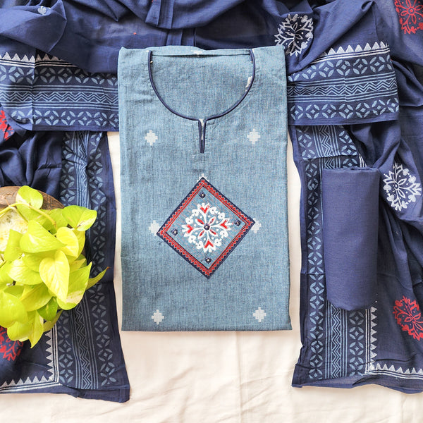 JEEVA-Pure Cotton Handloom Grey With Red And Navy Blue Mirror Work Suit