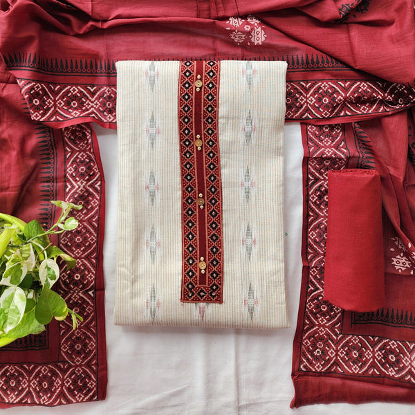 JEEVA-Pure Cotton Handloom Cream With Marron Suit