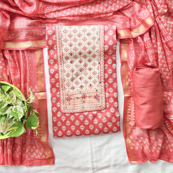 DIYA-Pure Cotton Muslin Dark Peach Flower Motif Design Suit