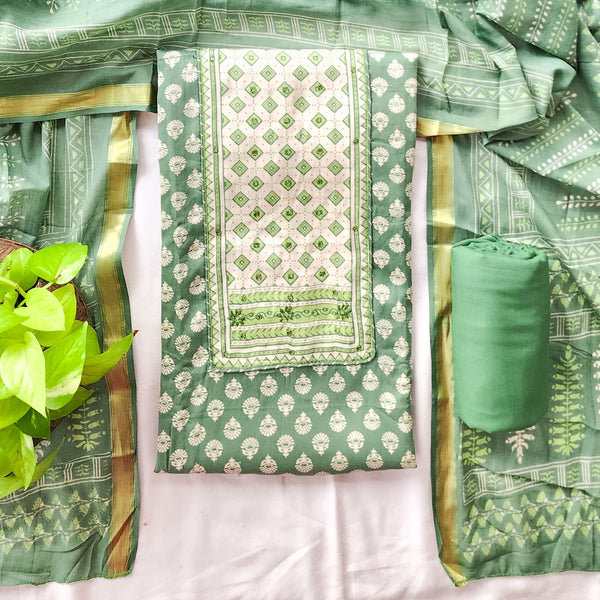 DIYA-Pure Cotton Muslin Green With Cream Flower Motif Design Suit