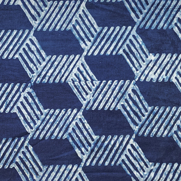 Pure Cotton Akola Indigo White Geometrical Design  Hand Block Print Fabric