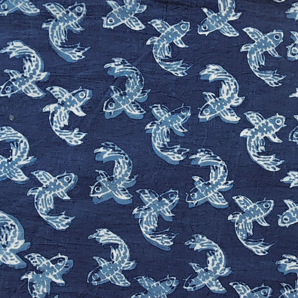 Pure Cotton Akola Indigo Fish Motif Hand Block Print Fabric