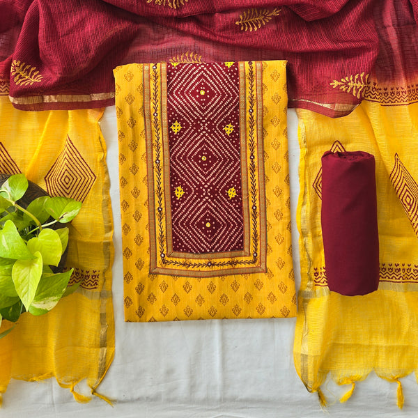 ARADHNA - Pure Cotton Yellow And Maroon With Patch Work And Small Embroidery Yoke Suit