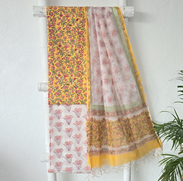 ROZANA-Pure Cotton Yellow With Red And White Flower Jaal Jaipuri Suit