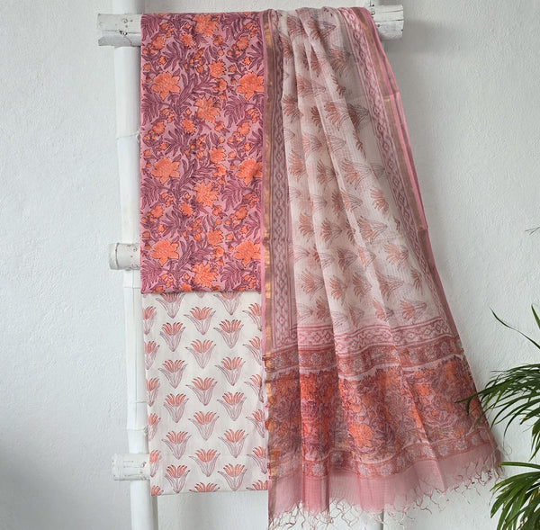 ROZANA-Pure Cotton Pink With Orange And White Flower Jaal Jaipuri Suit