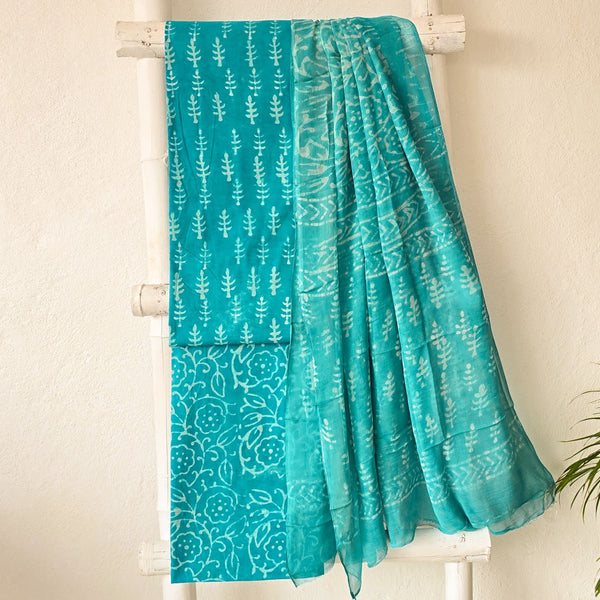 BHAVYA-Pure Cotton Teal Blue With Flower Motif Suit