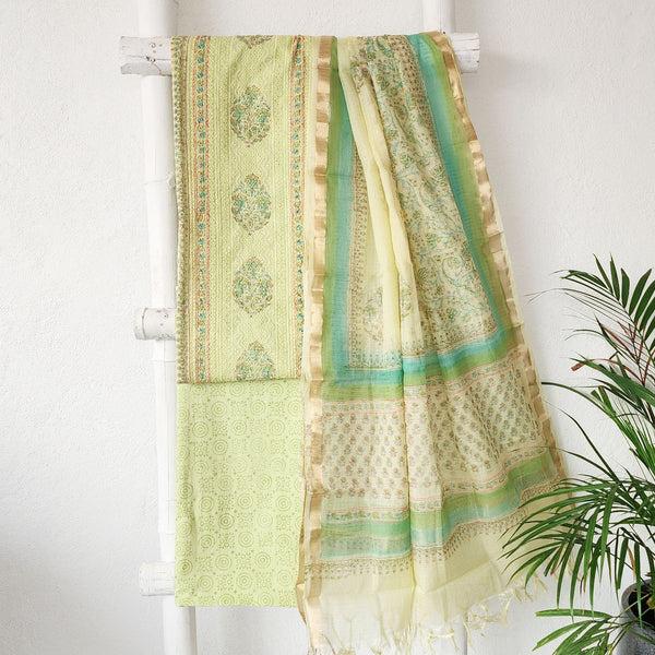 MAAYA - Pure Cotton Light Greenish Yellow With A Beautiful Block Printed Hakoba Yoke suit